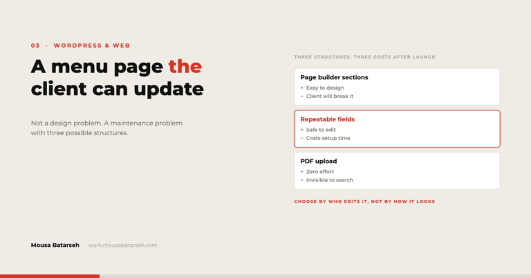 Three ways to structure a restaurant menu page, each with its cost to the client after launch.