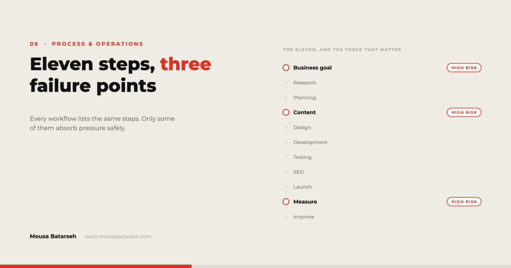 An eleven-step project workflow with three steps marked as high risk.