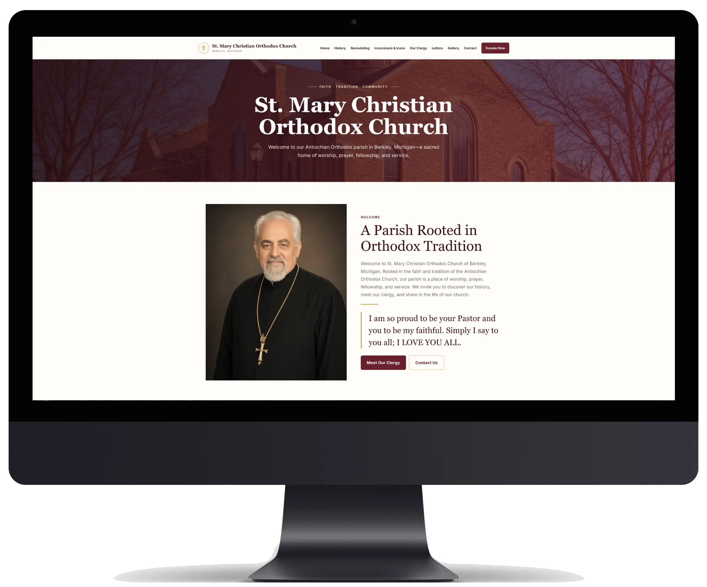 St. Mary Christian Orthodox Church website displayed on a desktop monitor
